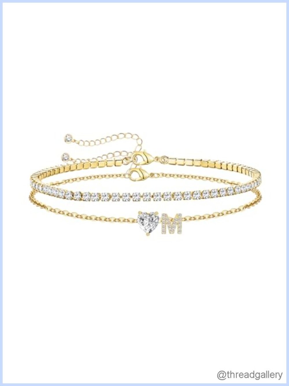 Gold Plated Non Tarnish Initial Tennis Bracelet with CZ Heart Charm Adjustable
